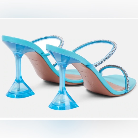 Amina Muaddi Gilda Glass Aqua Blue PVC Crystal Strap Mule Pumps - Picture 3 of 14